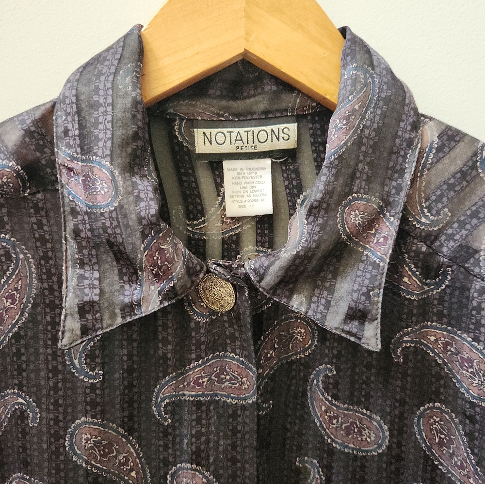 Vintage Notations Petite Sheer Paisley Button Up Blouse Size 12 Flowy 90s - Picture 4 of 8